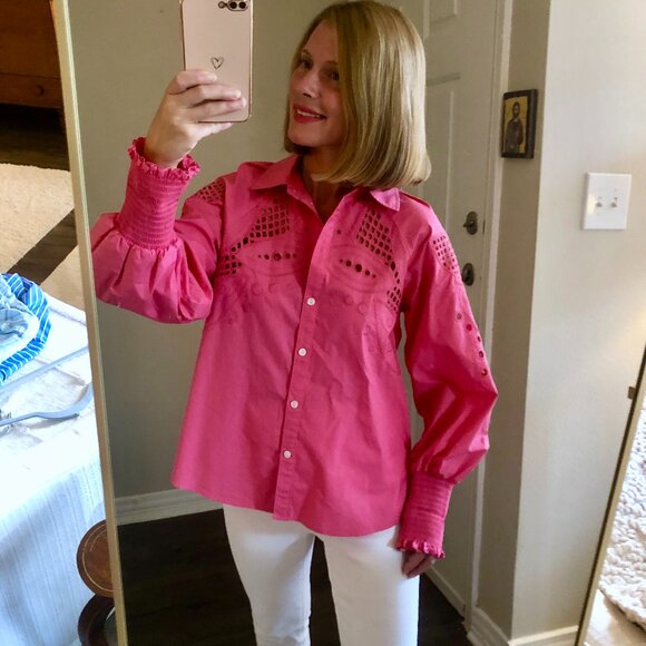 Elie Tahari Pink Eyelet Puff Sleeve Button-down blouse Org. $395 - Picture 3 of 10